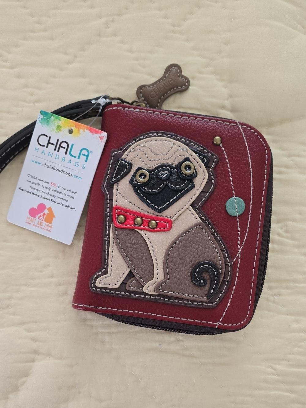 Chala Burgundy Red Pug Applique Wristlet Wallet NWT
